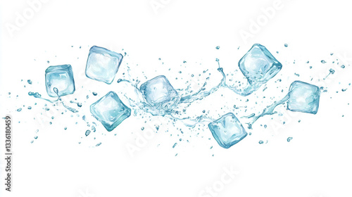 Ice cubes with water splash and drops. Cold mineral water, natural aqua or cocktail drink realistic vector splashes or frozen motion ripples ice cubes. beverage, soda isolated white background