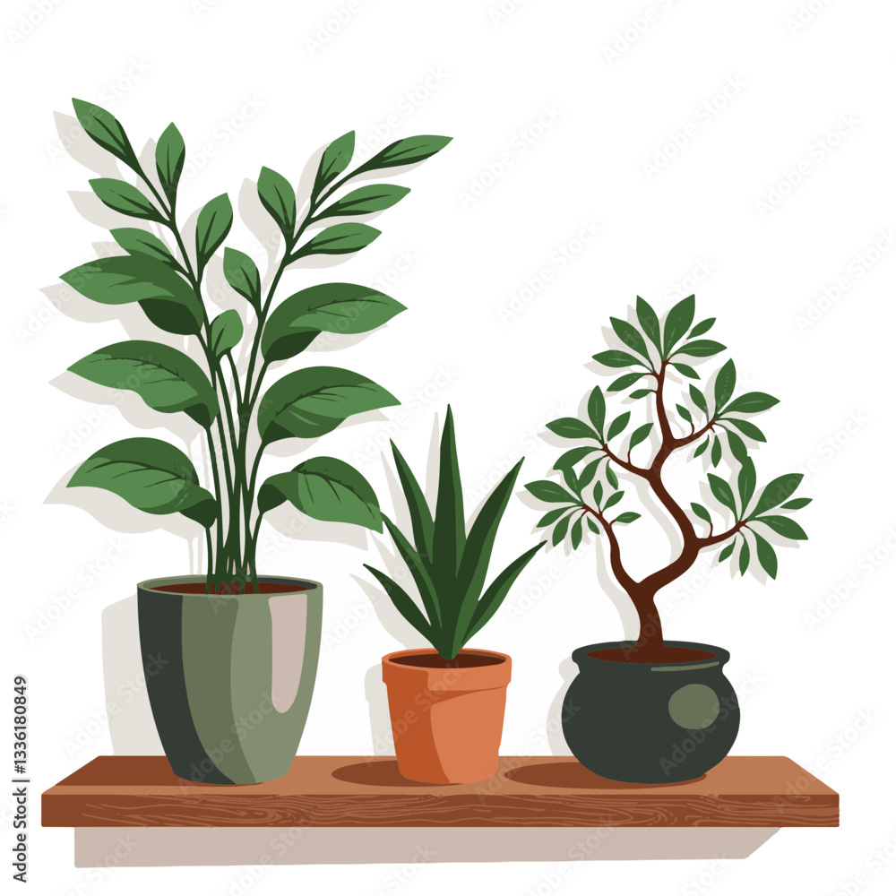 Indoor plants collection on rustic shelf, natural simplicity Indoor plants collection on rustic shelf, natural simplicity