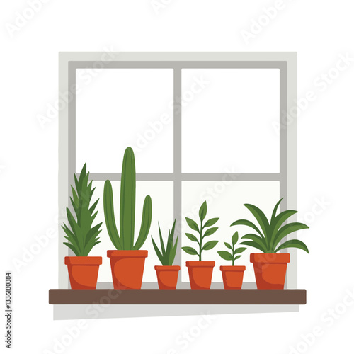 Colorful potted plants on window sill, serene indoor gardening