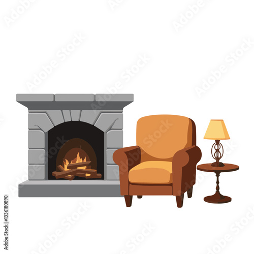 Cozy fireplace with armchair and lamp, warm home atmosphere