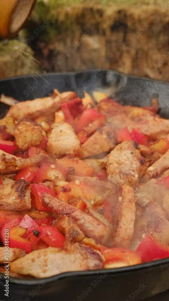 Vertical video of young man adding spices to a steaming pan of colorful vegetables and meat at winter time. Cooking outdoors concept Vertical video of young man adding spices to a steaming pan of colorful vegetables and meat at winter time. Cooking outdoors concept
