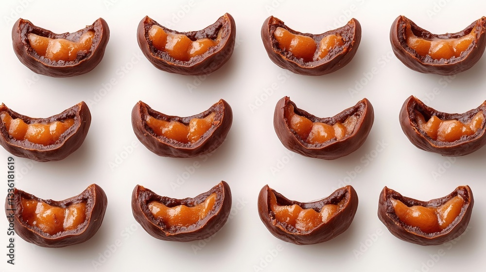 Obraz premium Delicious chocolate confections with caramel filling arranged neatly on a white background