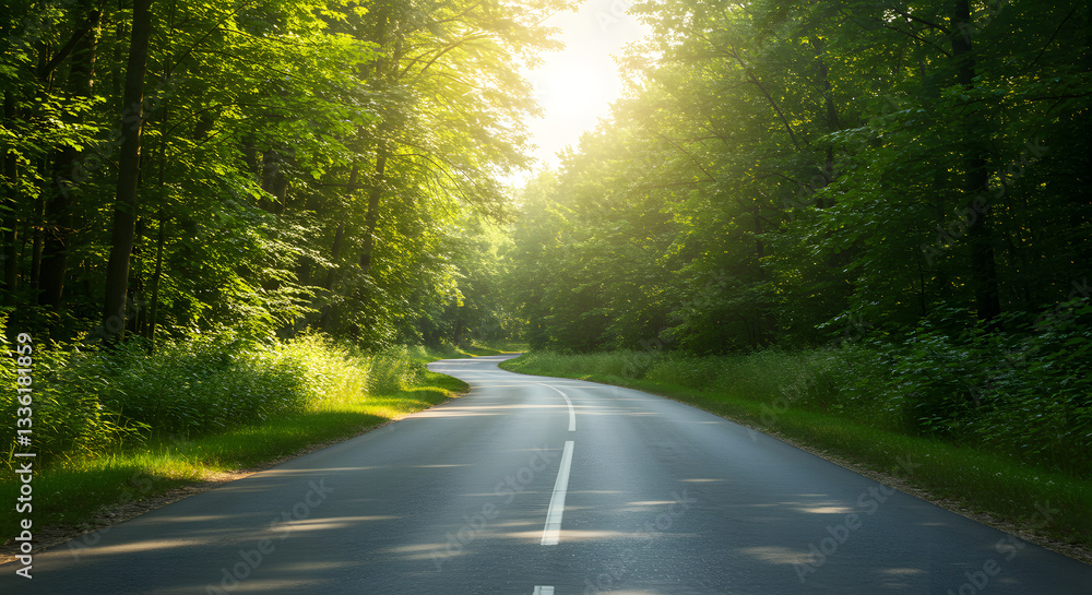 Obraz premium Majestic Green Forests Embracing a Long Asphalt Road Under the Warm Summer Sun