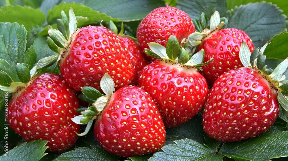 Fresh and Juicy Red Strawberries Surrounded by Lush Green Leaves Fresh and Juicy Red Strawberries Surrounded by Lush Green Leaves