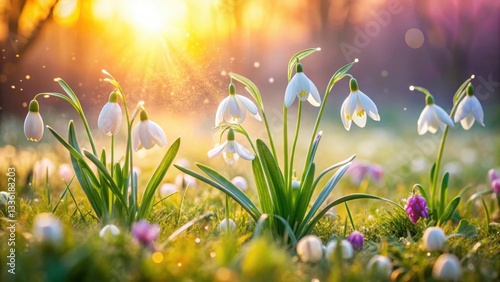 Delicate Snowdrops Bask in the Golden Rays of the Morning Sun, a Serene Meadow Scene