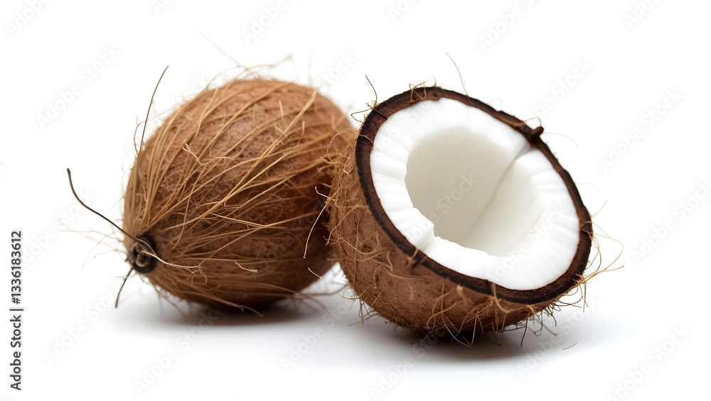 one whole coconut and one halved coconut showcasing its interior and outer texture one whole coconut and one halved coconut showcasing its interior and outer texture