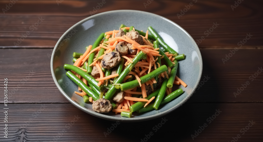 aromatic green bean stir-fry with carrots and savory meatballs