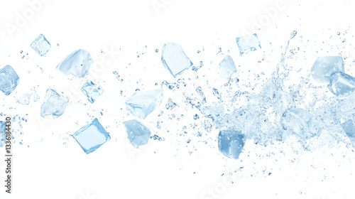 Ice cubes with water splash and drops. Cold mineral water, natural aqua or cocktail drink realistic vector splashes or frozen motion ripples ice cubes. beverage, soda isolated white background