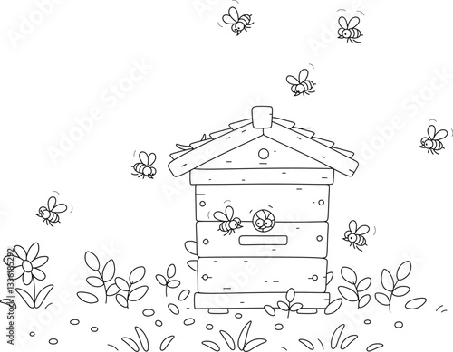 Swarm of funny striped bees buzzing and flying around a cute wooden beehive among grass in a bee-garden on a warm summer day in a country, black and white outline vector cartoon illustration