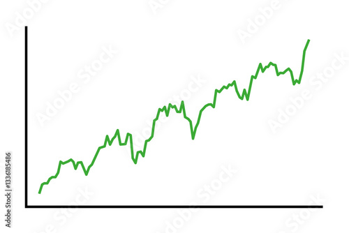 Upward trend, schematic chart. Increasing green line graph depicting an upward trend with fluctuations, indicating growth over time. Greatly simplified symbol of upswing, profit and winning. Vector