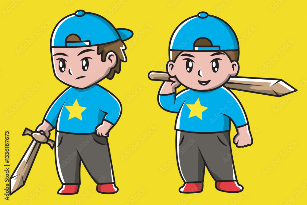 knight boy set with hat. cartoon child playing
