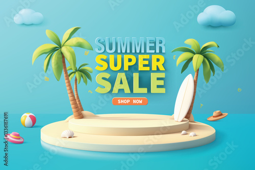 3D vector summer sale banner with a tropical beach scene. Podium, palm trees, surfboard, beach ball, and hat. Vibrant colors and playful design. Perfect for promotions.