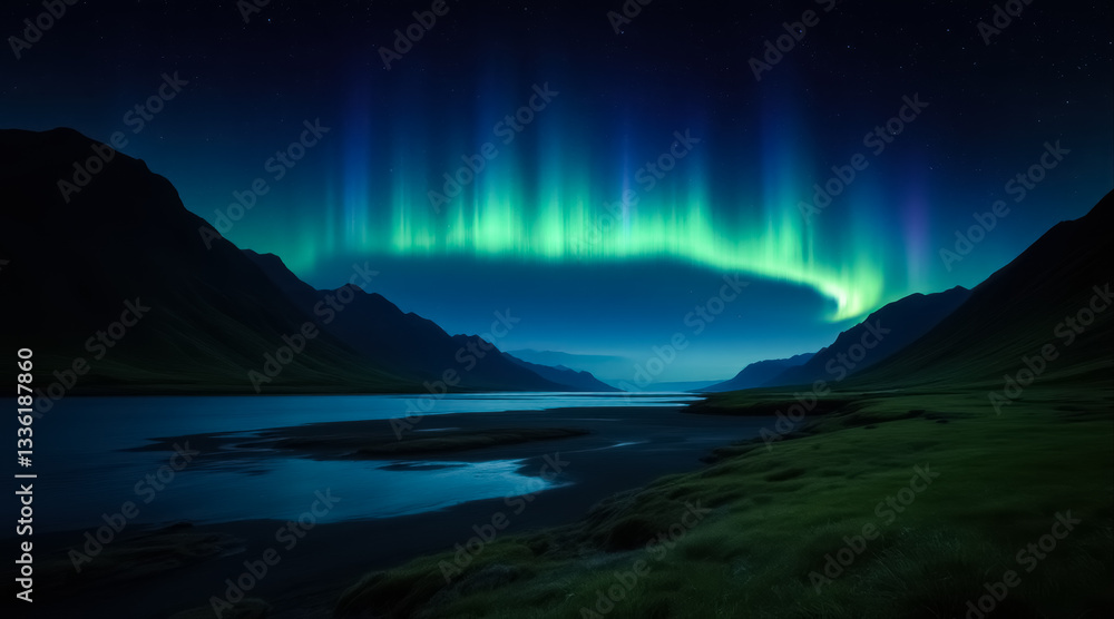 Naklejka premium mesmerizing borealis arching over a serene night landscape