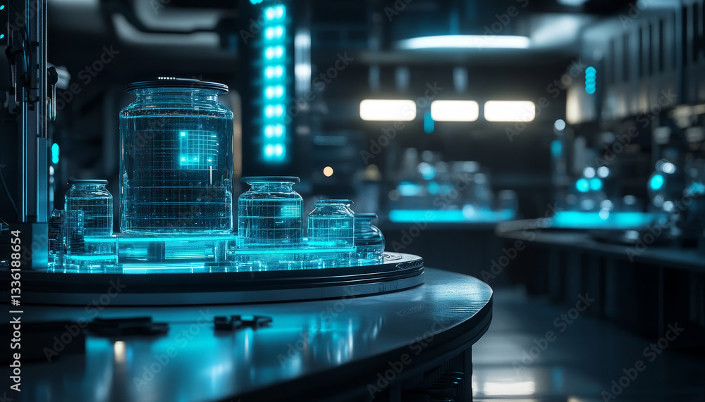 Futuristic laboratory with glowing biopods and advanced technology Futuristic laboratory with glowing biopods and advanced technology