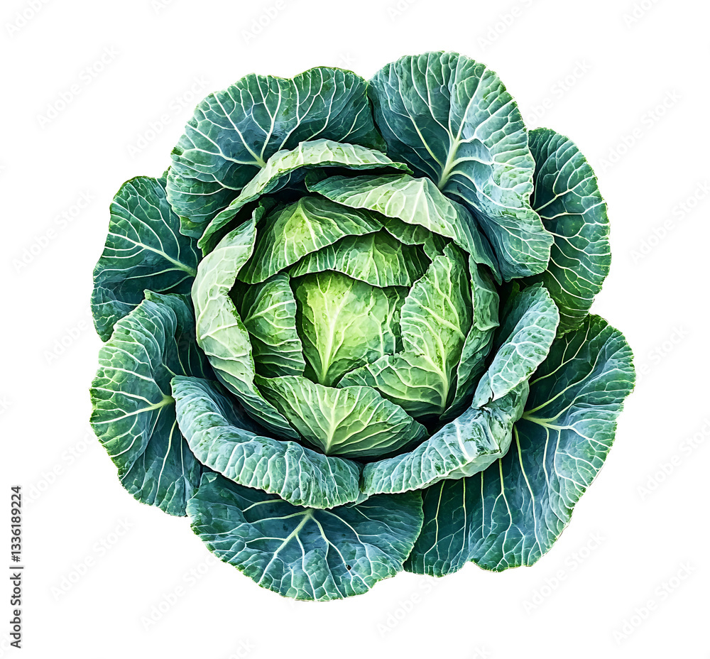 Fototapeta premium Cabbage with tightly packed green leaves, showcasing a round shape and rich color, isolated on a white background, isolated on white background ,