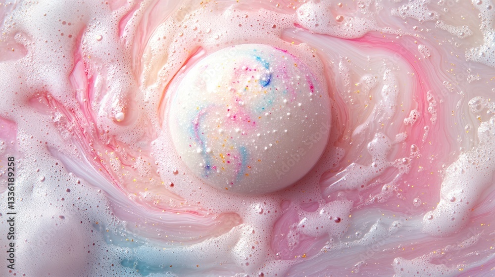 Fototapeta premium A pearl-white bath bomb slowly dissolves at the bottom of the tub, releasing swirls of pink and blue into the water. The colors swirl together in a dreamy, otherworldly scene of relaxation.