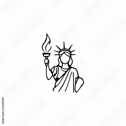 American symbol of female power, woman rights Statue of Liberty Line Drawing: Minimalist Black-and-White Illustration of Iconic Freedom Symbol