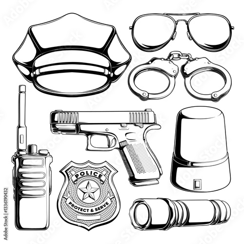 Hand drawn monochrome pack of police professional equipment for pursue and capture a criminal. Police accessories, tools.