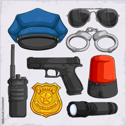 Hand drawn colorful pack of police professional equipment for pursue and capture a criminal. Police accessories, tools.