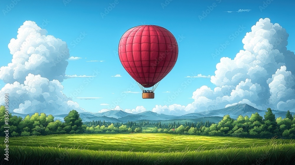 Obraz premium Vibrant Red Hot Air Balloon Floating Above Lush Green Field Under Clear Blue Sky