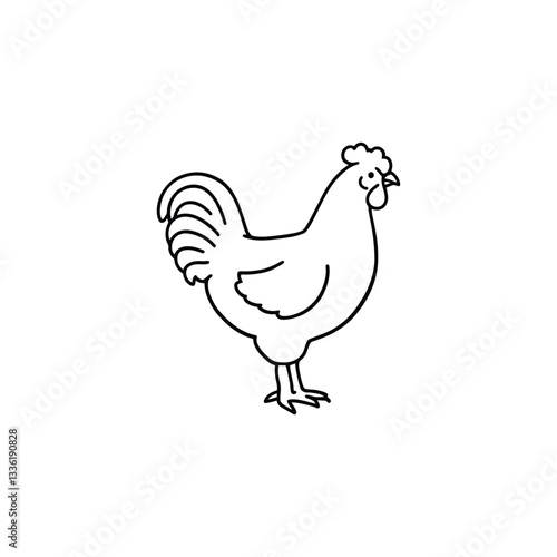chicken icon Chicken Line Drawing: Minimalist Black-and-White Illustration of a Standing Hen with Detailed Tail Feathers