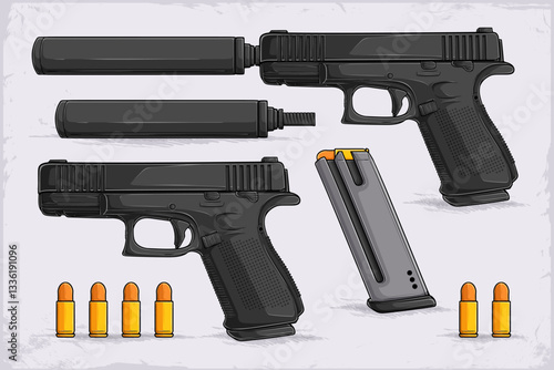 Hand drawn 9mm fire arms with silencers, gun magazine and golden bullets for fighting against the crime