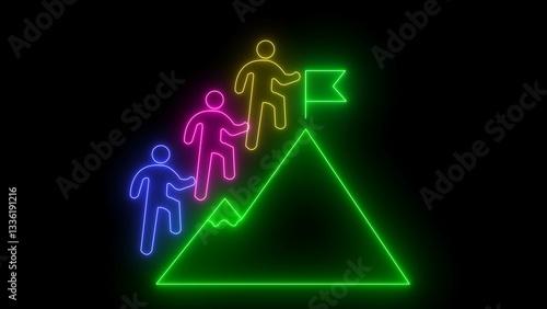 Tableau sur toile Glowing neon line of man conquering mountain peak icon isolated on transparent b