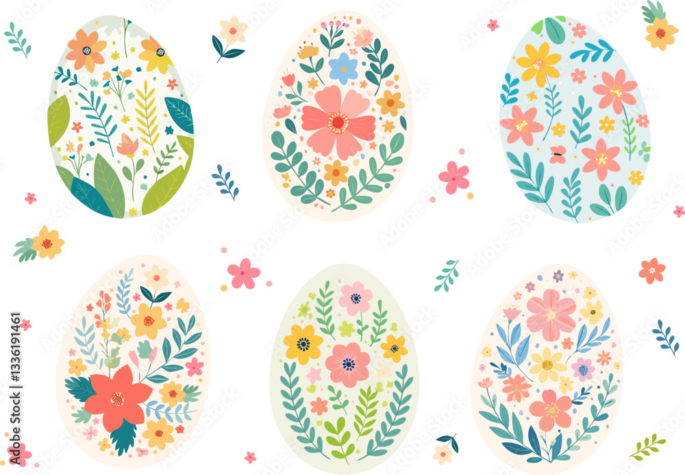 Decorated Easter eggs with intricate floral patterns, leaves, and butterflies on a light background. A colorful composition perfect for greeting cards, invitations, prints, packaging, and festive deco Decorated Easter eggs with intricate floral patterns, leaves, and butterflies on a light background. A colorful composition perfect for greeting cards, invitations, prints, packaging, and festive deco