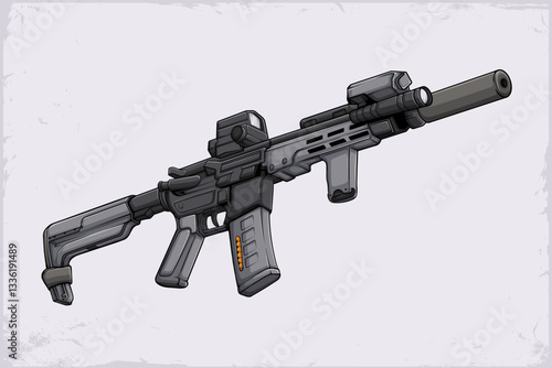 Hand drawn m16 assault riffle, US army gun m4 carbine firearm weapon for special operations isolated on white background