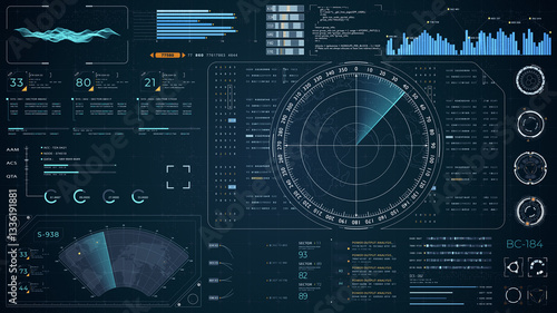 Blue color sonar radar screen searching an object with futuristic head up display (HUD UI) technology interface screen and chat panel abstract background