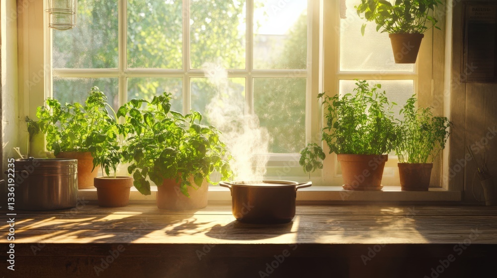 Cozy Kitchen Scene with Herbs and a Steaming Pot by the Window Cozy Kitchen Scene with Herbs and a Steaming Pot by the Window