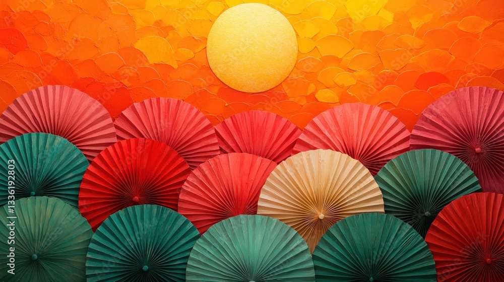 Naklejka premium Colorful Paper Fans Against a Bright Orange Sunset Background in Vibrant Decorative Scene