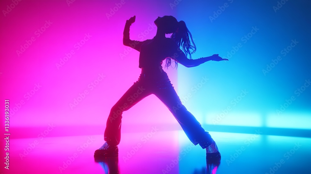Young woman dances dynamically against vibrant neon backdrop. Modern dancer performs contemporary dance in smoke filled studio. Young woman dances dynamically against vibrant neon backdrop. Modern dancer performs contemporary dance in smoke filled studio.