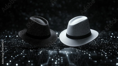 white and black hats against a cyber background. symbolizing  white (ethical) and black hat hackers