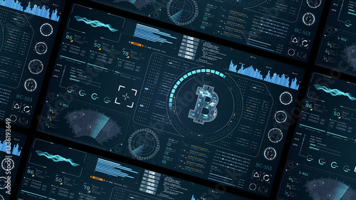 Blue digital money logo with head up display (HUD UI) panel and futuristic technology abstract background crypto currency finance and digital money