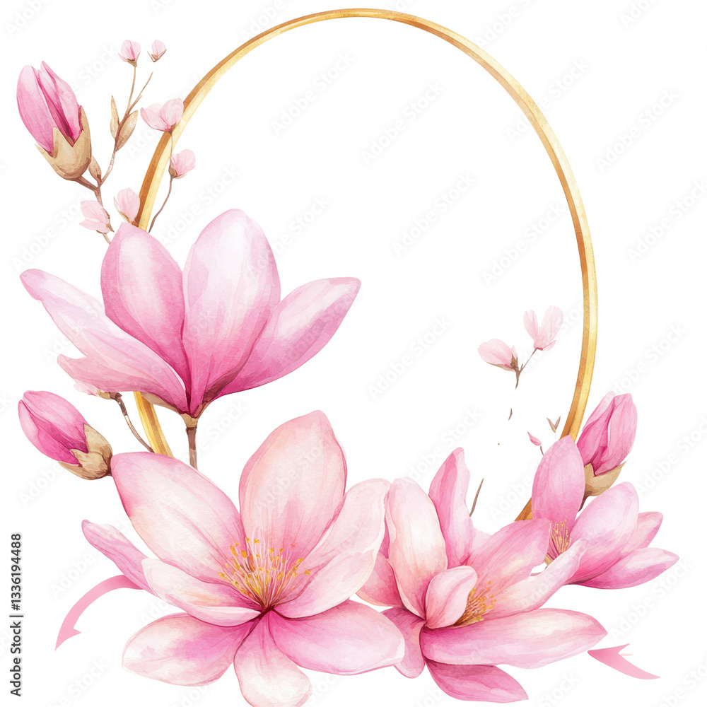 Fototapeta premium Floral Frame Elegance: Captivating watercolor illustration of a delicate floral frame, adorned with soft pink magnolia blossoms and golden accents. Perfect for adding a touch of grace to any design.