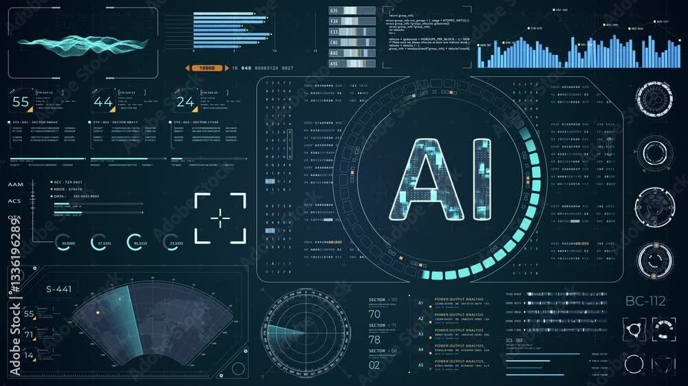Motion graphic of Blue digital AI with head up display (HUD UI) panel ...