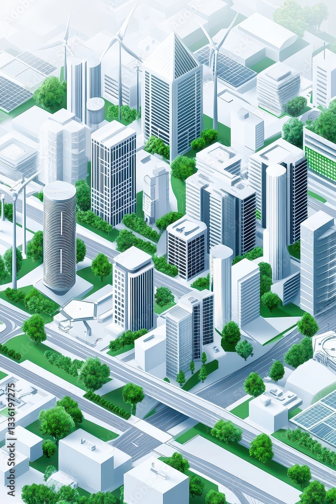 Aerial view of a modern cityscape with green spaces, wind turbines, and busy roads Aerial view of a modern cityscape with green spaces, wind turbines, and busy roads