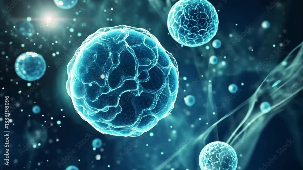 Microscopic view of blue glowing cells in a dark background showcasing cellular structures and movement