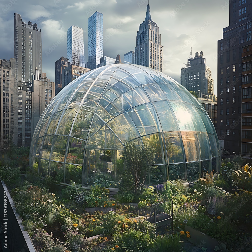 Fototapeta premium Lush plants inside geodesic dome greenhouse against city backdrop high resolution picture