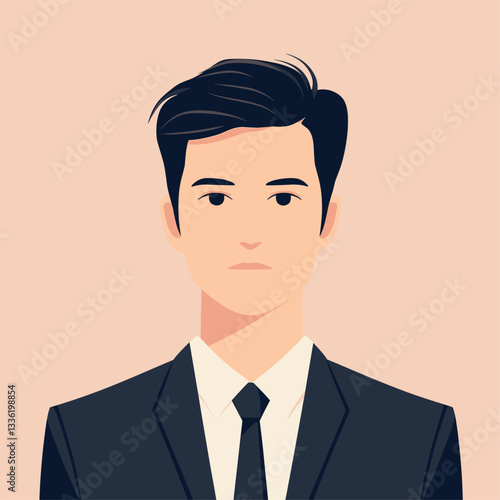 A simple, non-realistic avatar of a professional man in a 1:1 ratio. The avatar should be minimalistic and sober, with a neutral expression, wearing a business suit