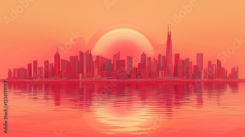 Wallpaper Mural Stunning Sunset Over Modern City Skyline Reflected in Water, Vibrant Red and Orange Hues Torontodigital.ca