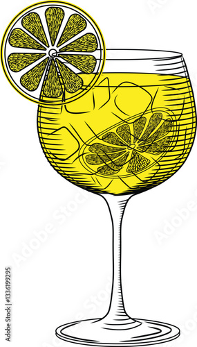 Limoncello spritz vector color illustration in sketch style. Hand drawn italian traditional lemon cocktail on isolated background. For bar and menu.