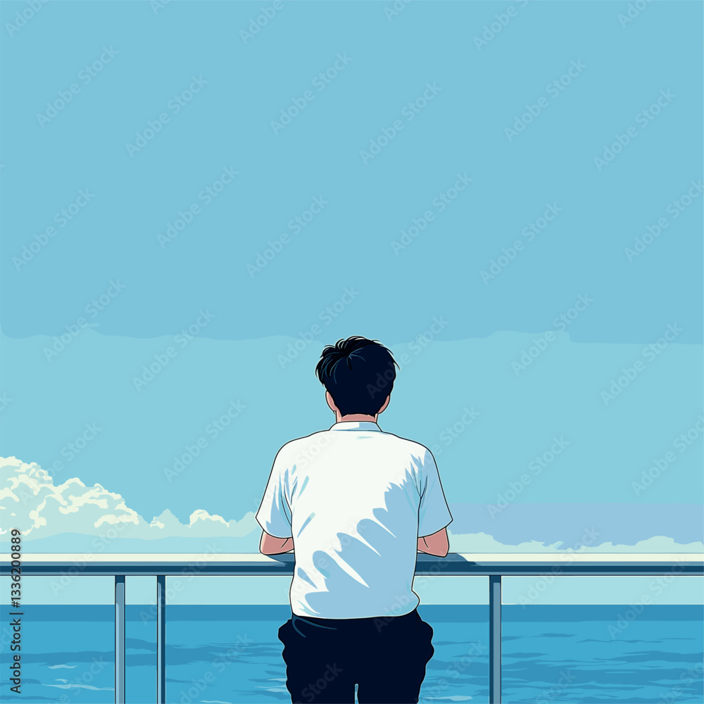 Flat illustration, minimalism, fresh style, the back of an Asian guy wearing white short sleeves and black pants sitting on the edge of one side leaning against the railing gazing at the sea blue sky, Flat illustration, minimalism, fresh style, the back of an Asian guy wearing white short sleeves and black pants sitting on the edge of one side leaning against the railing gazing at the sea blue sky,