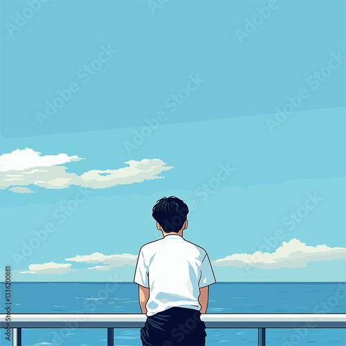 Flat illustration, minimalism, fresh style, the back of an Asian guy wearing white short sleeves and black pants sitting on the edge of one side leaning against the railing gazing at the sea blue sky,