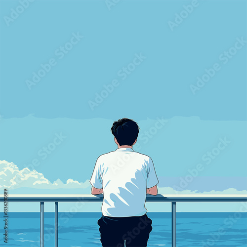 Flat illustration, minimalism, fresh style, the back of an Asian guy wearing white short sleeves and black pants sitting on the edge of one side leaning against the railing gazing at the sea blue sky,