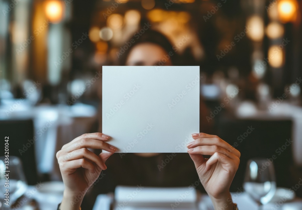 Hand holding blank menu paper on a luxury restaurant table with plate Hand holding blank menu paper on a luxury restaurant table with plate