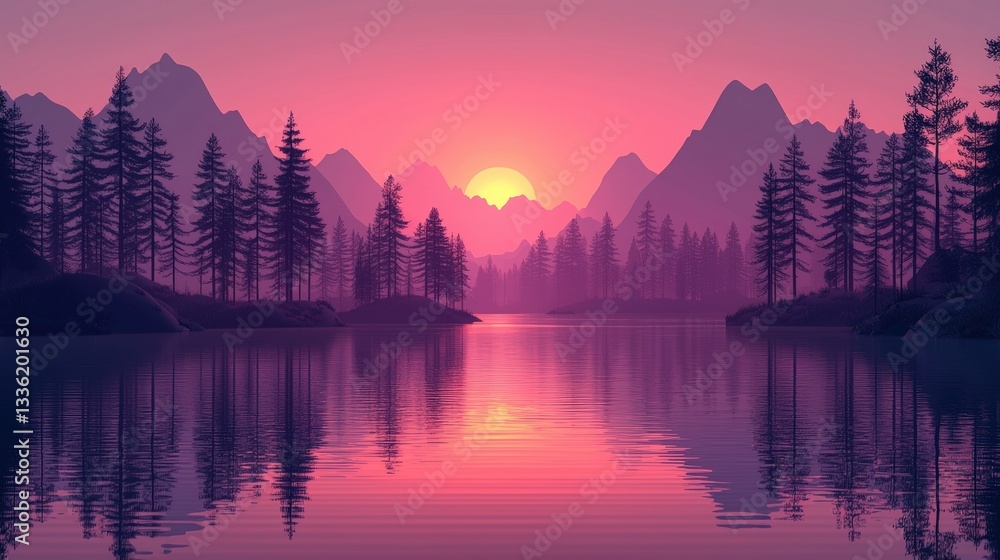 Obraz premium Serene Twilight Landscape with Mountains, Trees, and Reflective Water Under a Pink Sky