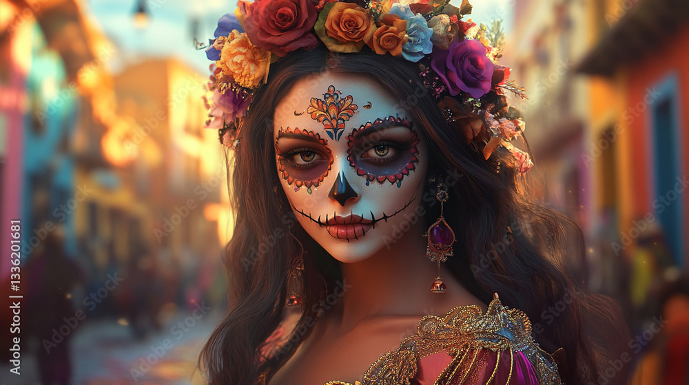 Woman with dark hair, floral crown, and skull makeup against a blurred colorful street background, showcasing Day of the Dead traditions and artistic beauty Woman with dark hair, floral crown, and skull makeup against a blurred colorful street background, showcasing Day of the Dead traditions and artistic beauty