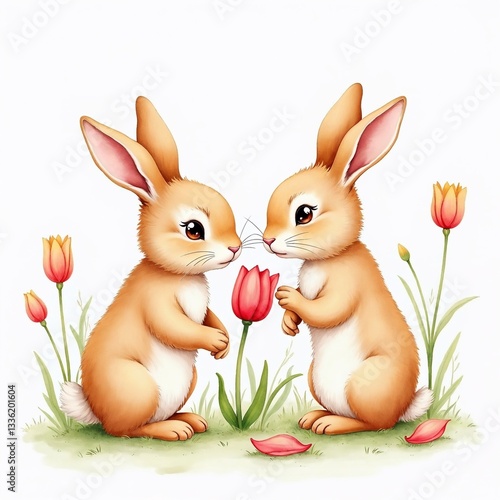 Two Baby Rabbits Nestled Among Blooming Tulips, Soft Morning Light Illuminating the Scene